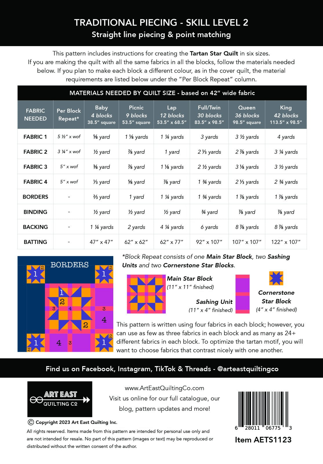 Tartan Star Pattern - Art East Quilting Co. / 6 Sizes - Baby to King