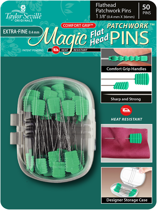 Taylor Seville - Magic Flat Head Patchwork Pins, 50pc, (36mm/1 3/8") Valdani perle cotton size 12 thread spool for quilting a